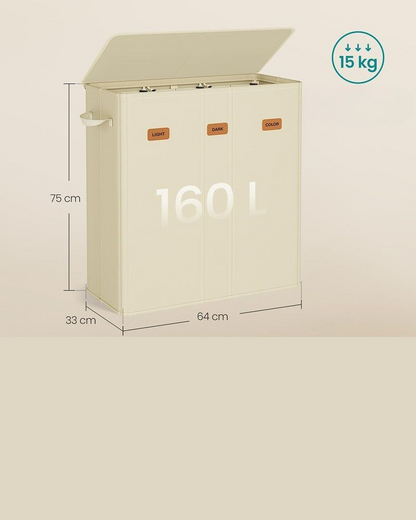 Nancy's Molinella Wasmand - Wasbox - Was sorteerder - 3 vakken - Crèmewit - 160 Liter