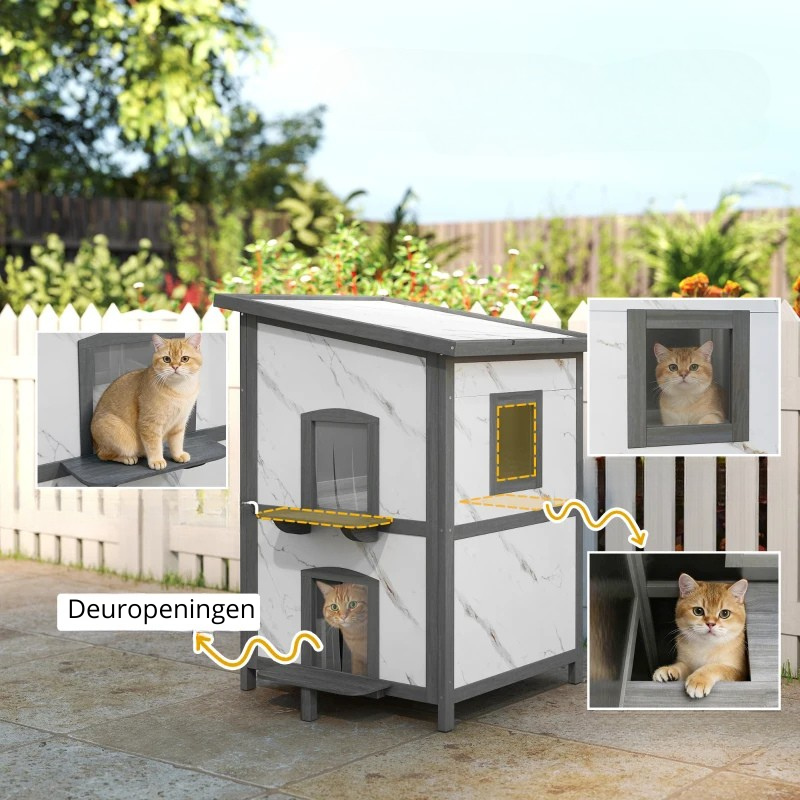 Nancy's Pesaro Kattenhuis - Kattenvilla - Kattengrot - Grijs / Wit - Dennenhout - ± 60 x 60 x 90 cm