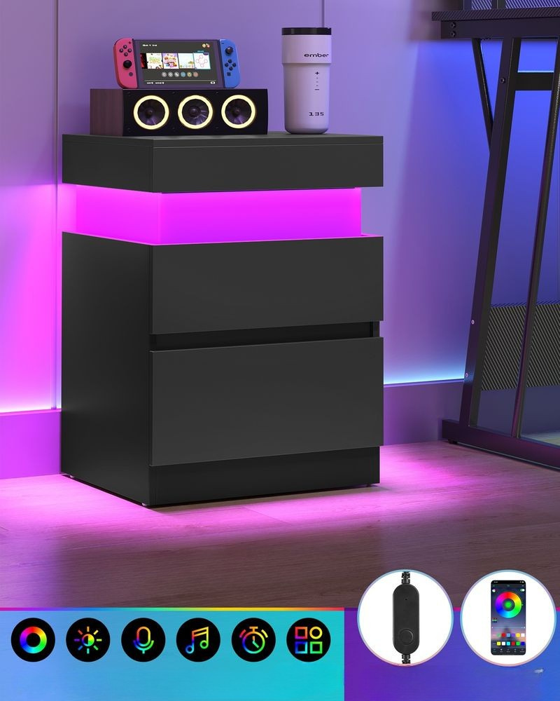 Nancy's Postua Nachtkastjes - Set van 2 - Oplaadstation - LED-Verlichting - Zwart - ± 40 x 35 x 55 cm