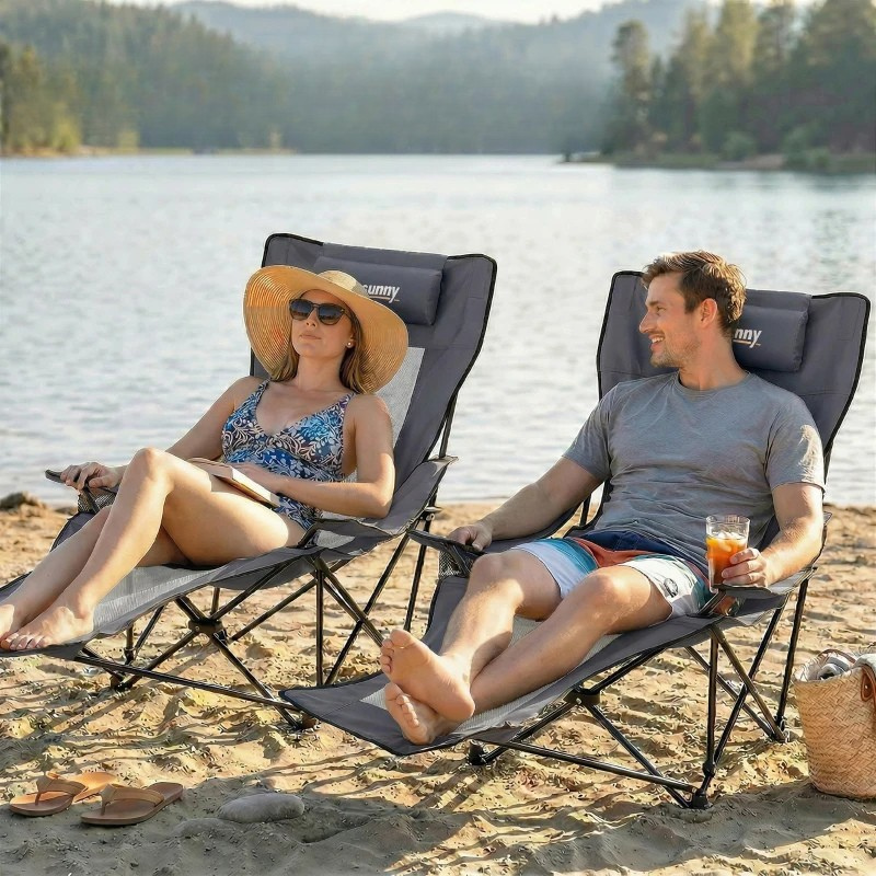 Nancy's Soliera Kampeerstoelen - Set van 2 - Campingstoelen - 4 Ligstanden - Opvouwbaar - Grijs / Zwart