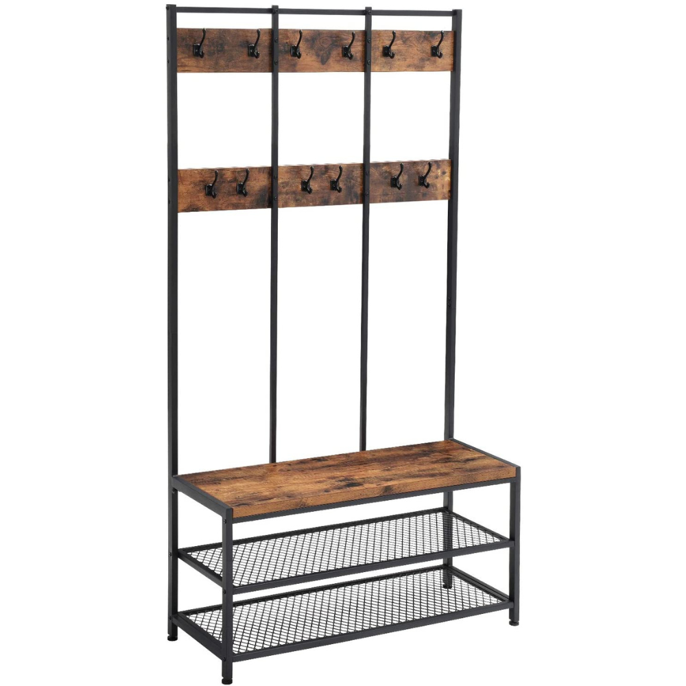 Nancy's Greenfield Coat Rack - Wardrobe Rack - 12 Hooks - Shoe Rack - Engineered Wood - Metal - Industrial - Brown - 100 x 40 x 184 cm 