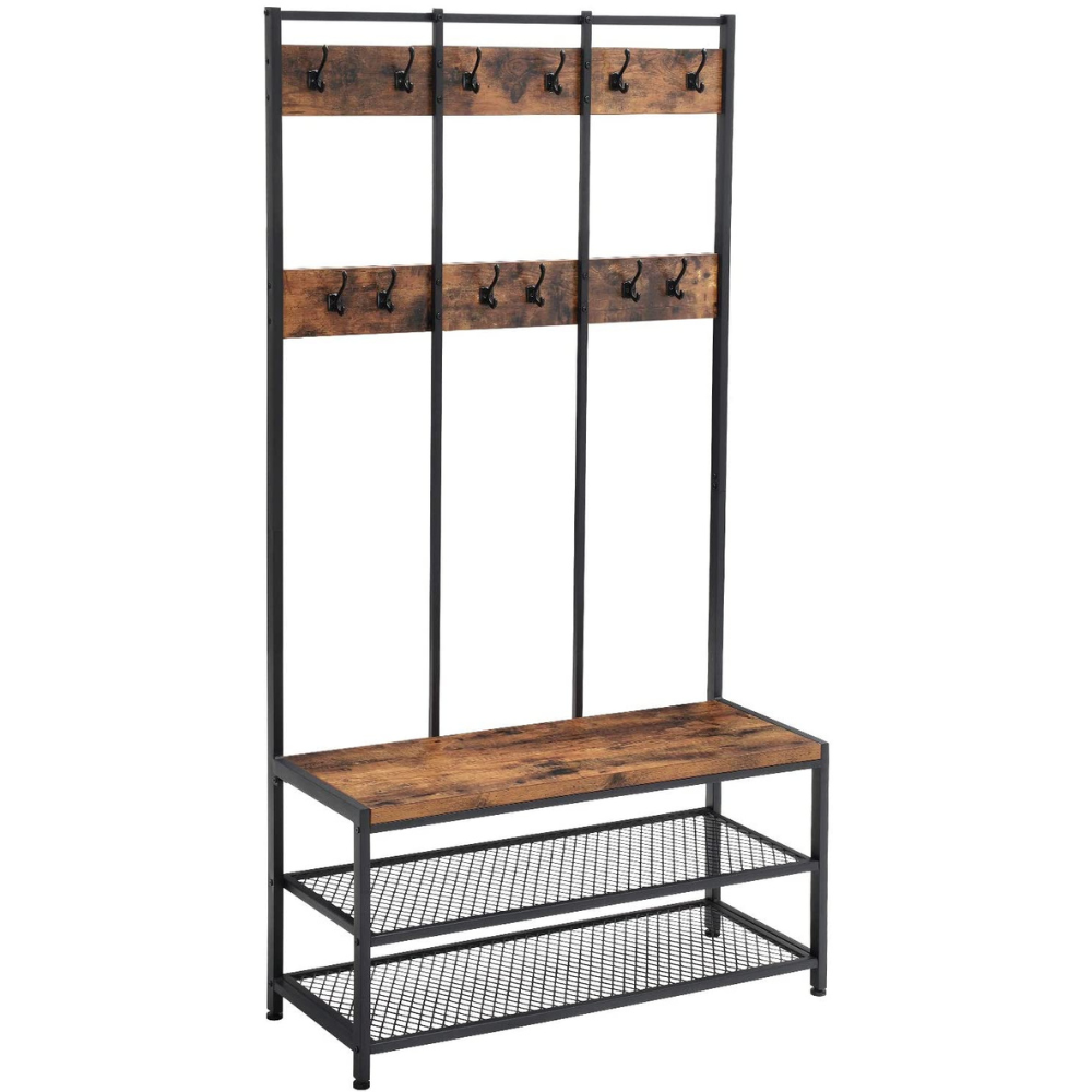 Nancy's Greenfield Kapstok - Garderoberek - 12 Haken - Schoenenrek - Vintage Bruin / Zwart - ± 100 x 40 x 185 cm