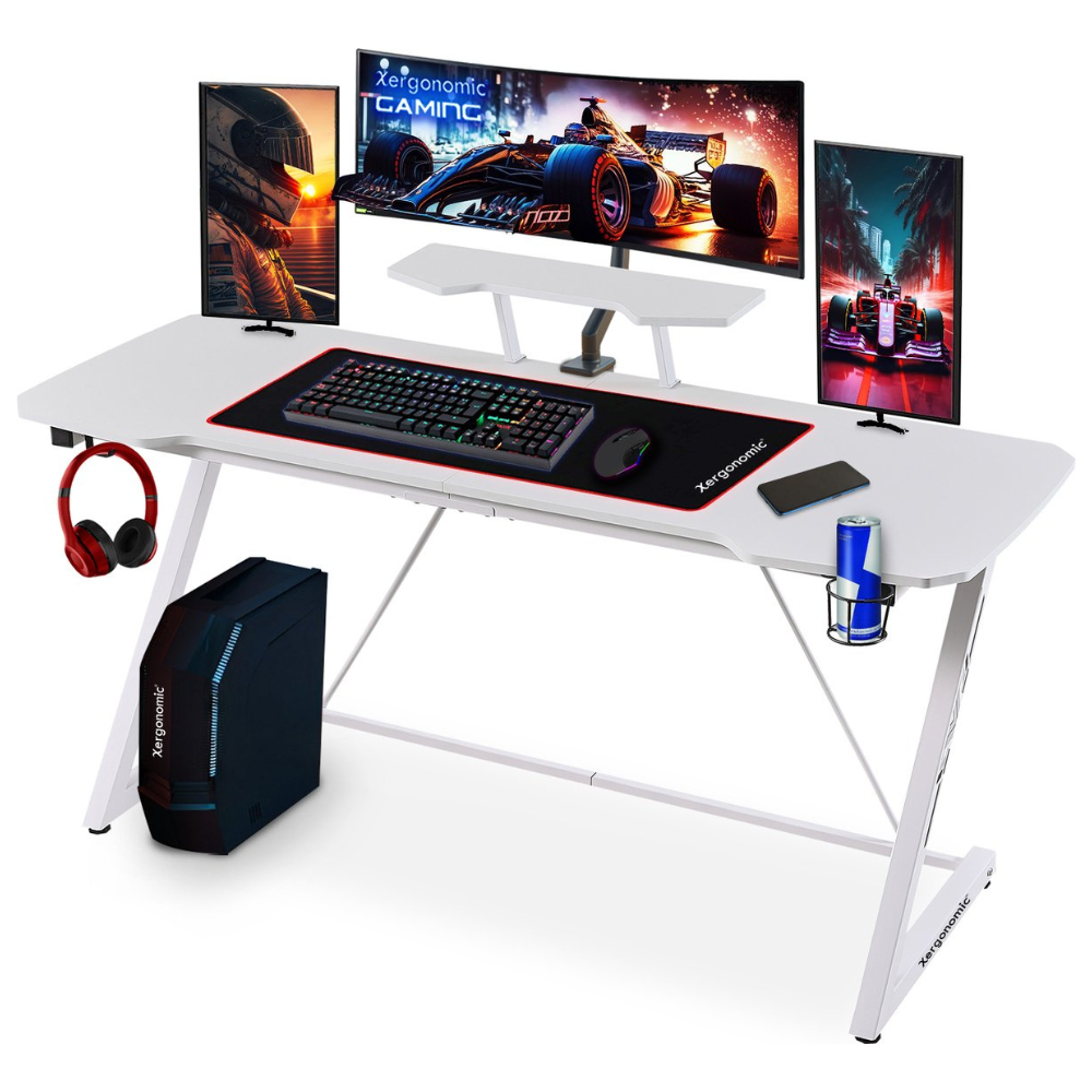 Xergonomic Morpheus Subzero Gaming desk - Game Desk - Headphone holder, cup holder & monitor stand - Carbon Fiber Coated Top Layer - D58xW160xH74.5-92 cm - White