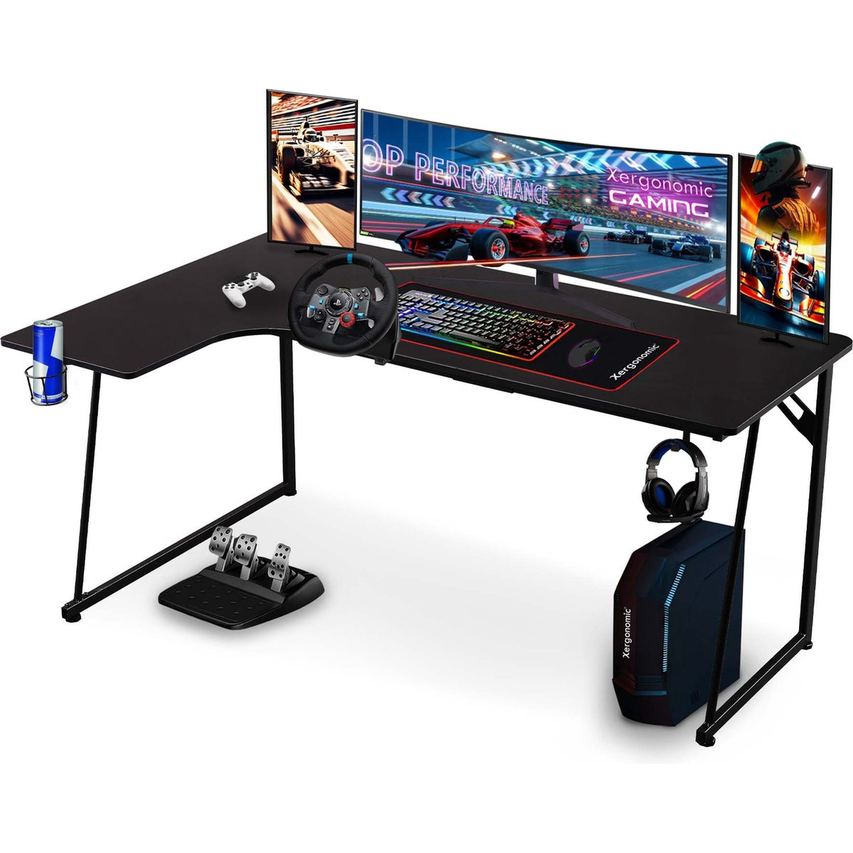 Bureau d'angle Xergonomic Neon Cyrex Gaming - D60-100xL40-160xH75 cm - Noir