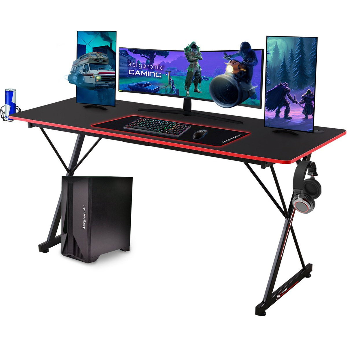 Xergonomic Aion Cyborg Gaming desk - Headphone holder, cup holder & Cable organizer - Carbon Fiber Coated Top Layer - Adjustable legs - D60xW160xH75 cm - Black/Red