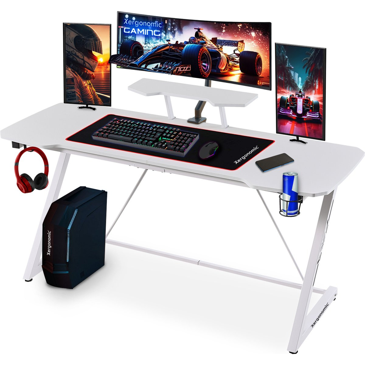 Xergonomic Morpheus Subzero Gaming desk - Game Desk - Headphone holder, cup holder & monitor stand - Carbon Fiber Coated Top Layer - D58xW160xH74.5-92 cm - White