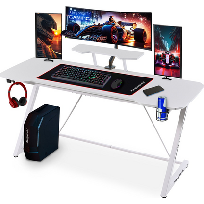 Xergonomic Morpheus Subzero Gaming desk - Game Desk - Headphone holder, cup holder &amp; monitor stand - Carbon Fiber Coated Top Layer - D58xW160xH74.5-92 cm - White