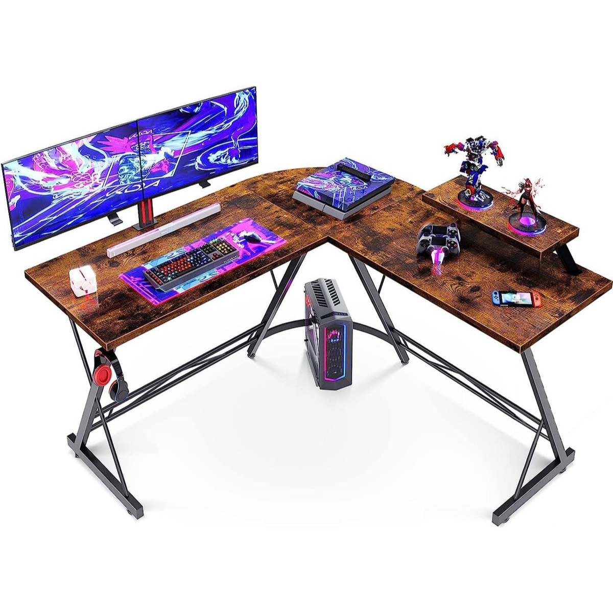 Bureau de jeu Xergonomic – Bureau d'angle – Table d'ordinateur – Table de jeu – 130 cm x 130 cm x 85 cm – Noir/Bois