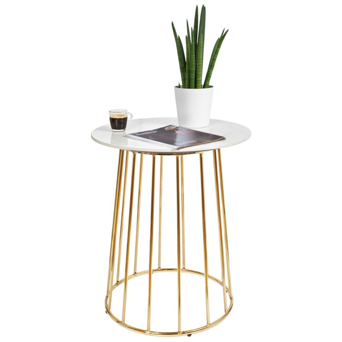 Casamoda Bijzettafel - Salontafel - Gouden Frame - Marmer - Stenen Tafelblad Rond - Wit - Ø 60 x 70 cm
