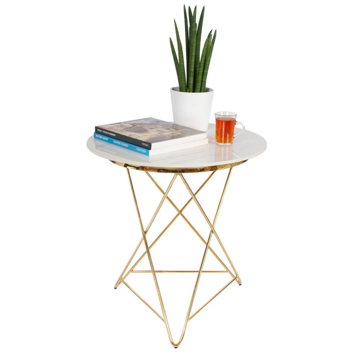 Casamoda Bijzettafel - Salontafel - Gouden Frame - Marmer - Stenen Tafelblad Rond - Wit - ± Ø 60 x 60 cm