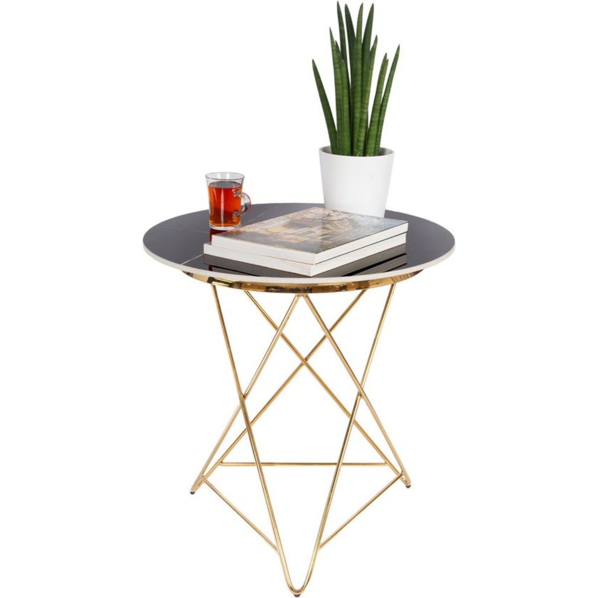 Casamoda Bijzettafel - Salontafel - Gouden Frame - Marmer - Stenen Tafelblad Rond - ± Ø 60 x 60 cm