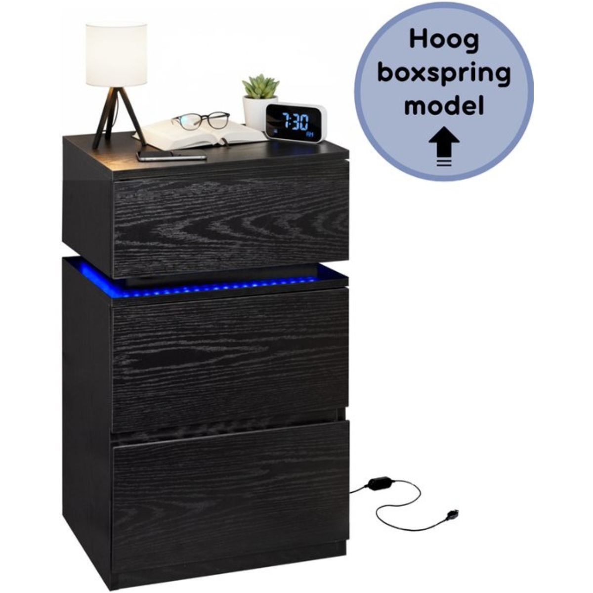 Casamoda Hoog Nachtkastje voor Boxspring - Ladekastje - 3 Lades  - Verstelbare RGB LED-Verlichting - Zwart - 40 x 35 x 70 cm