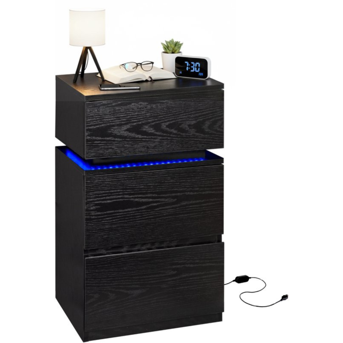 Casamoda Nachtkastje - 3 Lades - Ladekastje - Verstelbare RGB LED Verlichting - Zwart - 40 x 35 x 55 cm