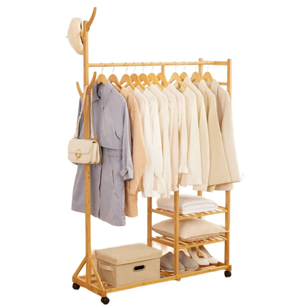 Eleganca Kledingrek op Wieltjes - Garderoberek - Garderobekast - Bamboe - 100 x 38 x 176 cm