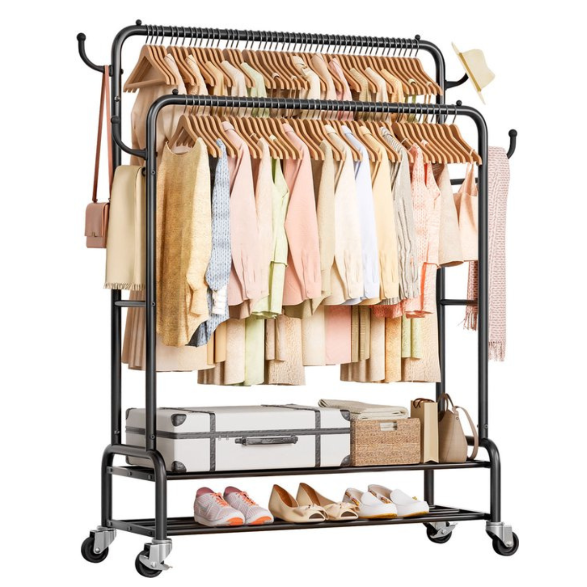Eleganca Kledingrek XL - Stevig Garderoberek - Dubbel Kledingrek - Zwart - Staal - B112 x D40 x H155 cm - Topper