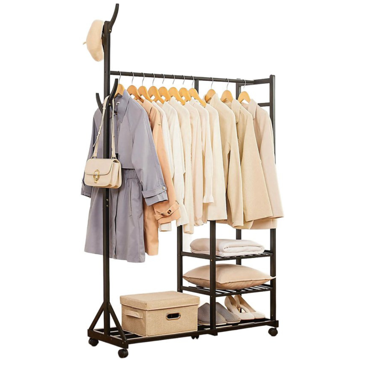 Eleganca Kledingrek op Wieltjes - Garderoberek - Garderobekast - Bamboe - Zwart - 100 x 38 x 176 cm