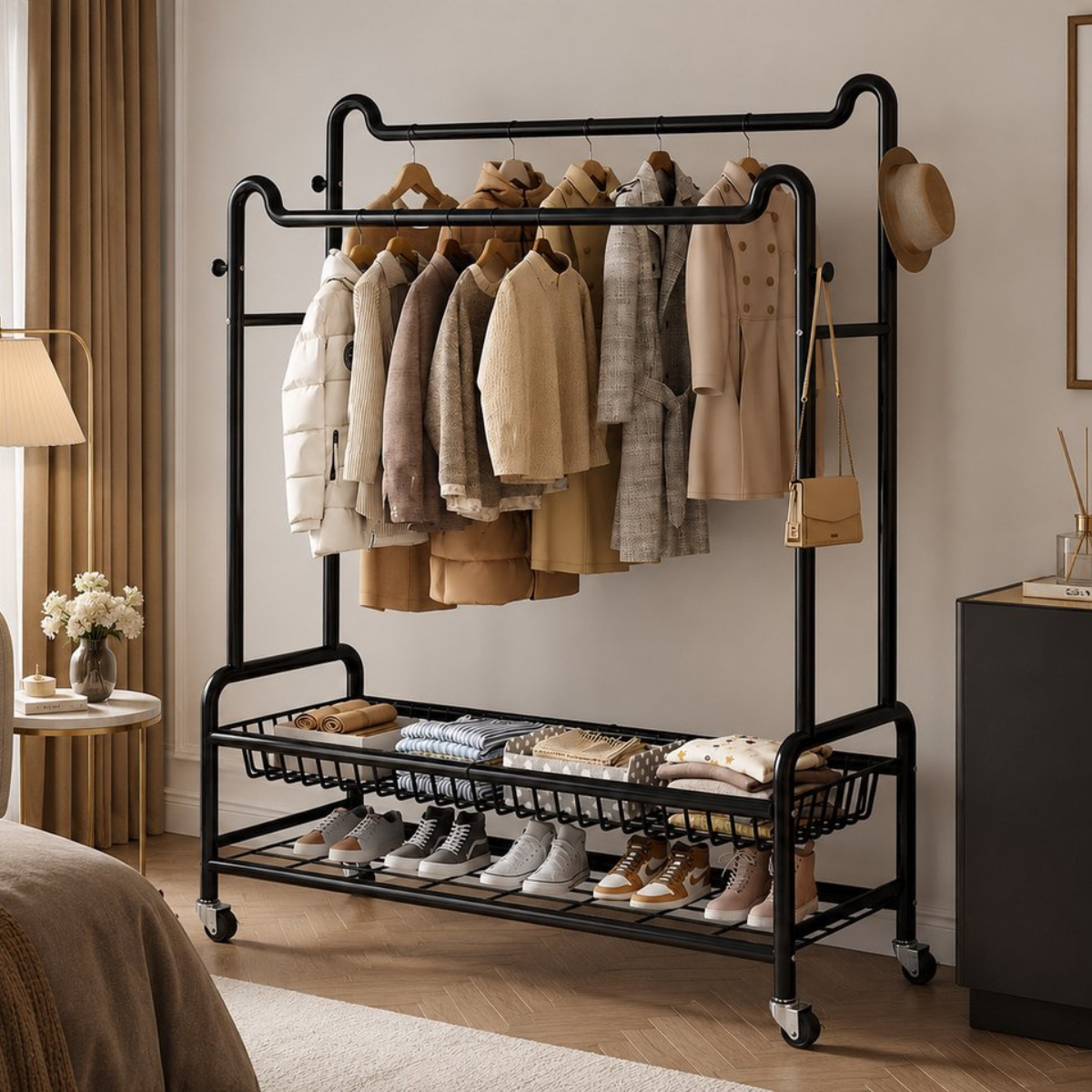 Eleganca Kledingrek XXL - Kledingstang - Stevig Garderoberek - 2 Stangen en 4 Ophanghaken - Zwart - Staal - B150 x D45 x H170 cm