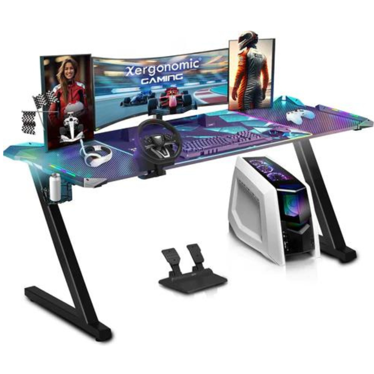 Xergonomic Aurora Gaming Desk - Carbon fiber look - Computer Table - LED Lighting - Incl. cup, headphone holder and cable organizer - W160 x D62 x H75 cm - Black
