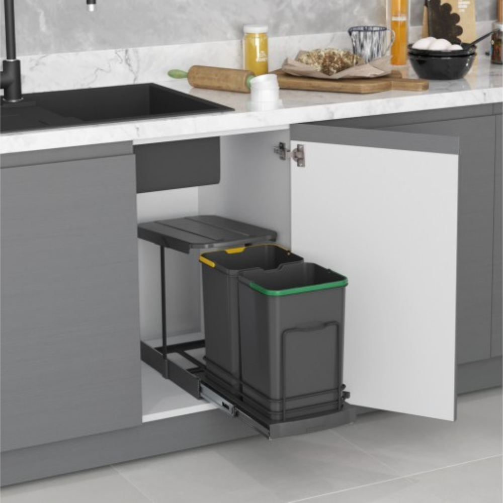 Inbouw prullenbak - Inbouw afvalemmer - Inbouw afvalbak - Inbouw vuilnisbak - Prullenbakken afval scheiden - 2x12 Liter met bodembevestiging en automatisch uittrekbaar