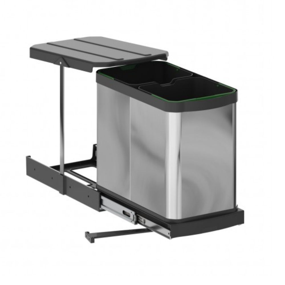 Inbouw prullenbak - Inbouw afvalemmer - Inbouw afvalbak - Inbouw vuilnisbak - Prullenbakken afval scheiden - 2x12 Liter RVS bodembevestiging en automatisch uittrekbaar