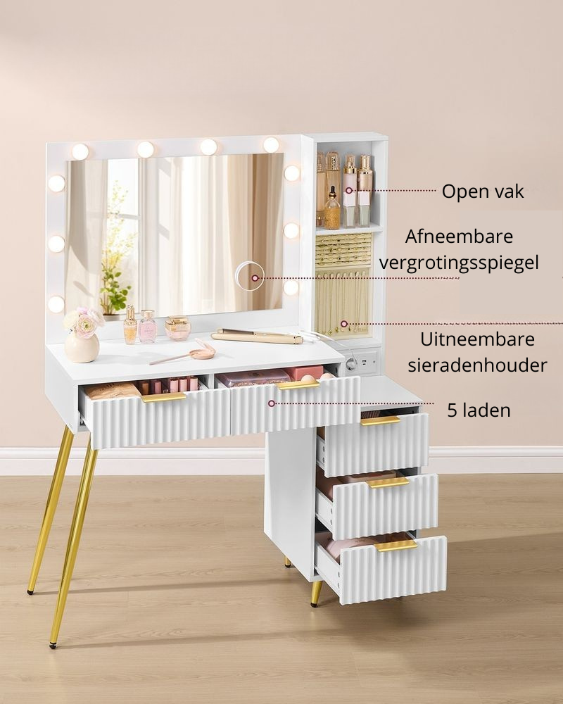 Nancy's Pinzolo Kaptafel met krukje - Make Up Tafel - Spiegel met LED Verlichting - Wit - 110 x 40 x 135 cm