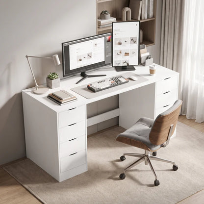 Nancy's Trecate Bureau - 8 Lades - Ruim werkblad - Wit - Spaanplaat / MDF - ± 140 x 55 x 75 cm