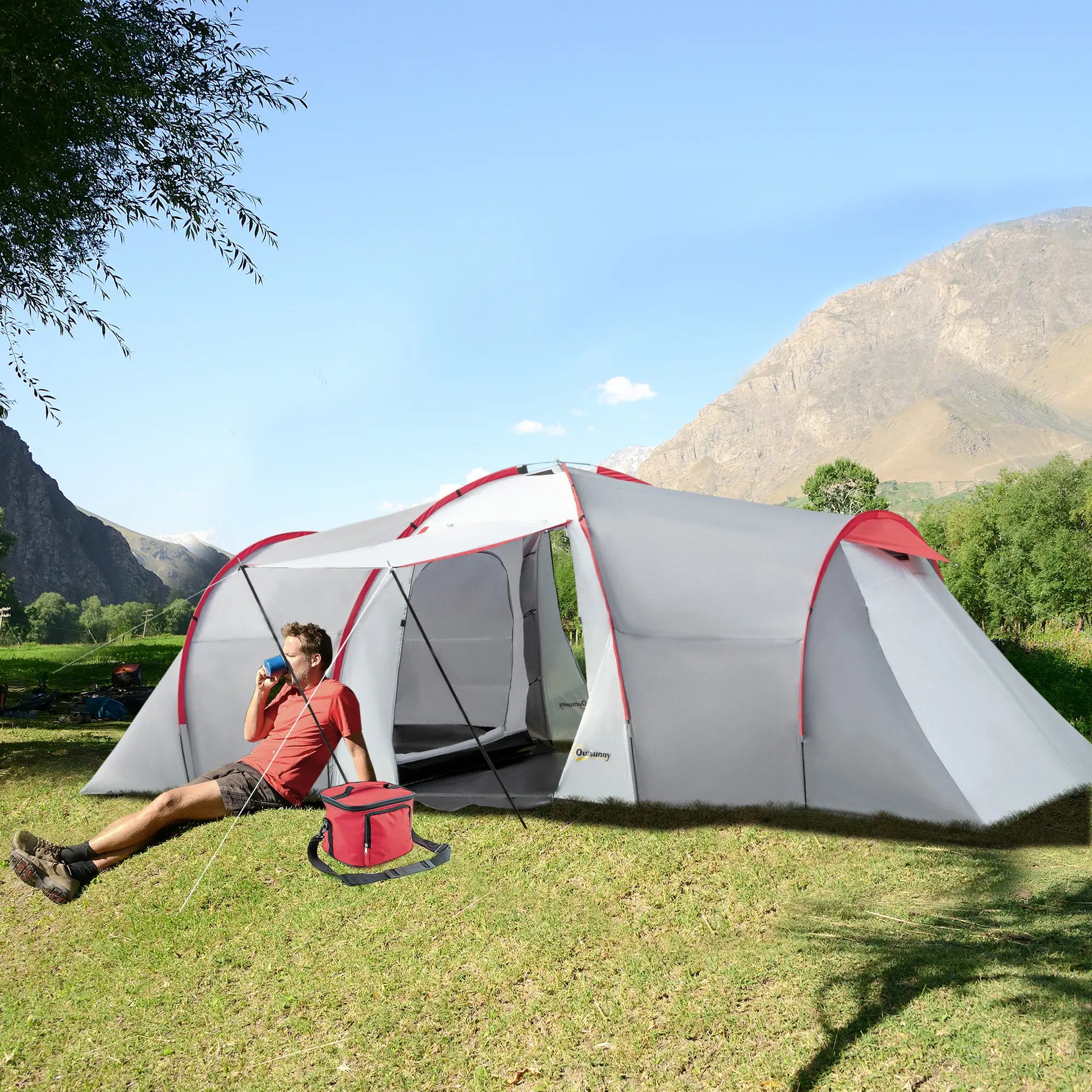 Nancy's Fonzaso Kampeertent - Campingtent - 2 Slaapkamers - Grijs / Rood - ± 590 x 245 x 195 cm