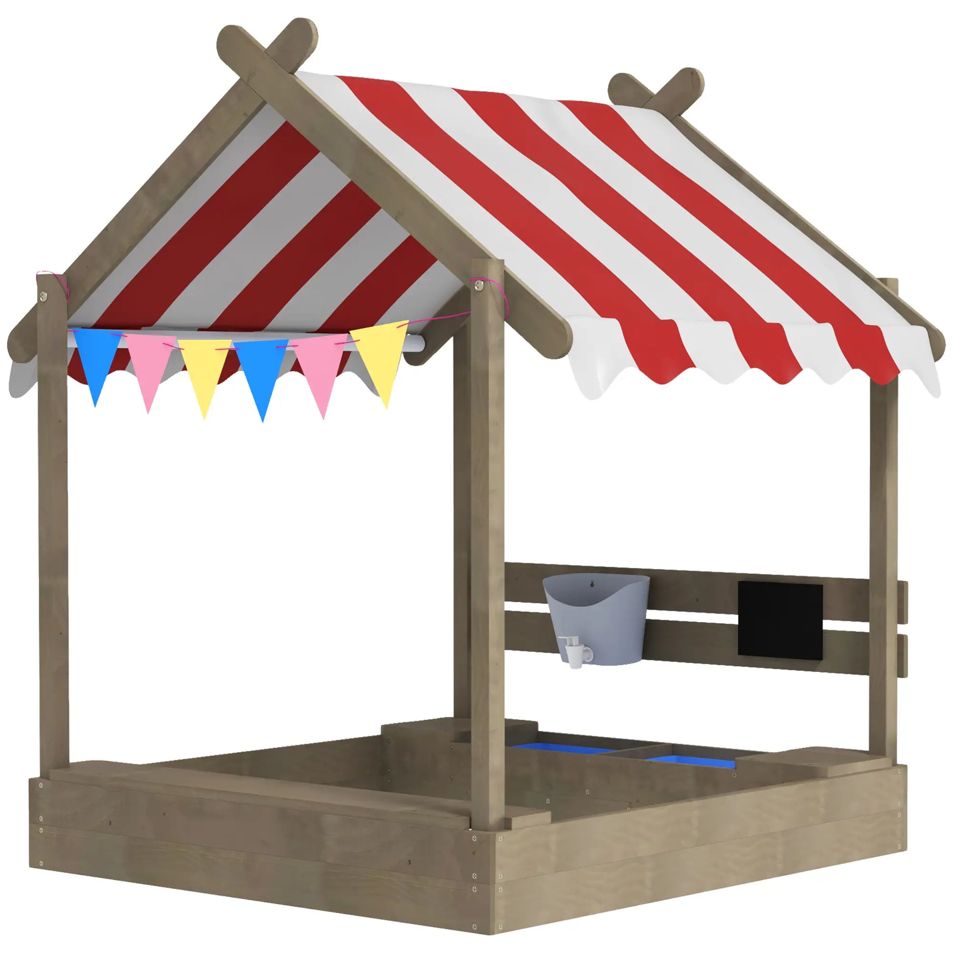 Nancy's Dossena Zandbak - Weerbestendig Dak - Met Speelset - Grijs / Rood / Wit - Dennenhout - ± 125 x 115 x 145 cm