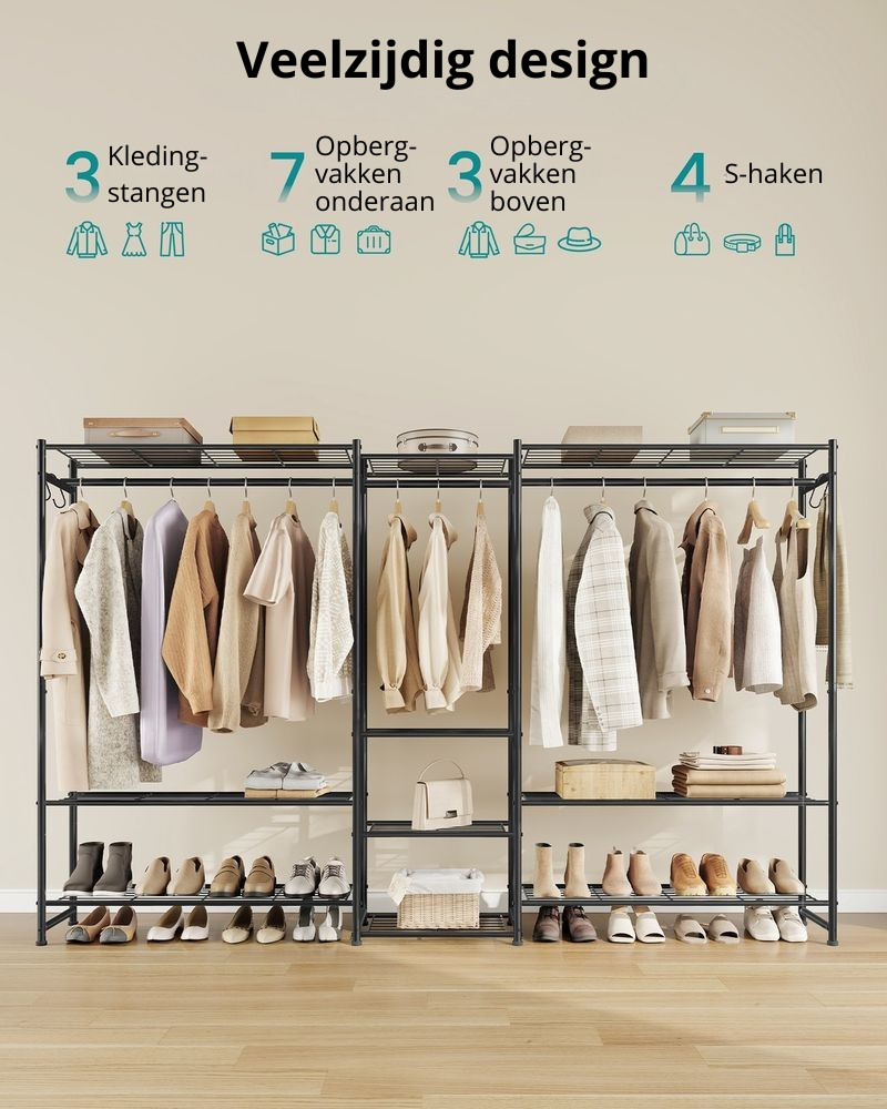 Nancy's Pragelato Kledingrek - Garderoberek - 3 Hoge Kledingstangen - Zwart - Staal - ± 205 x 30 x 155 cm
