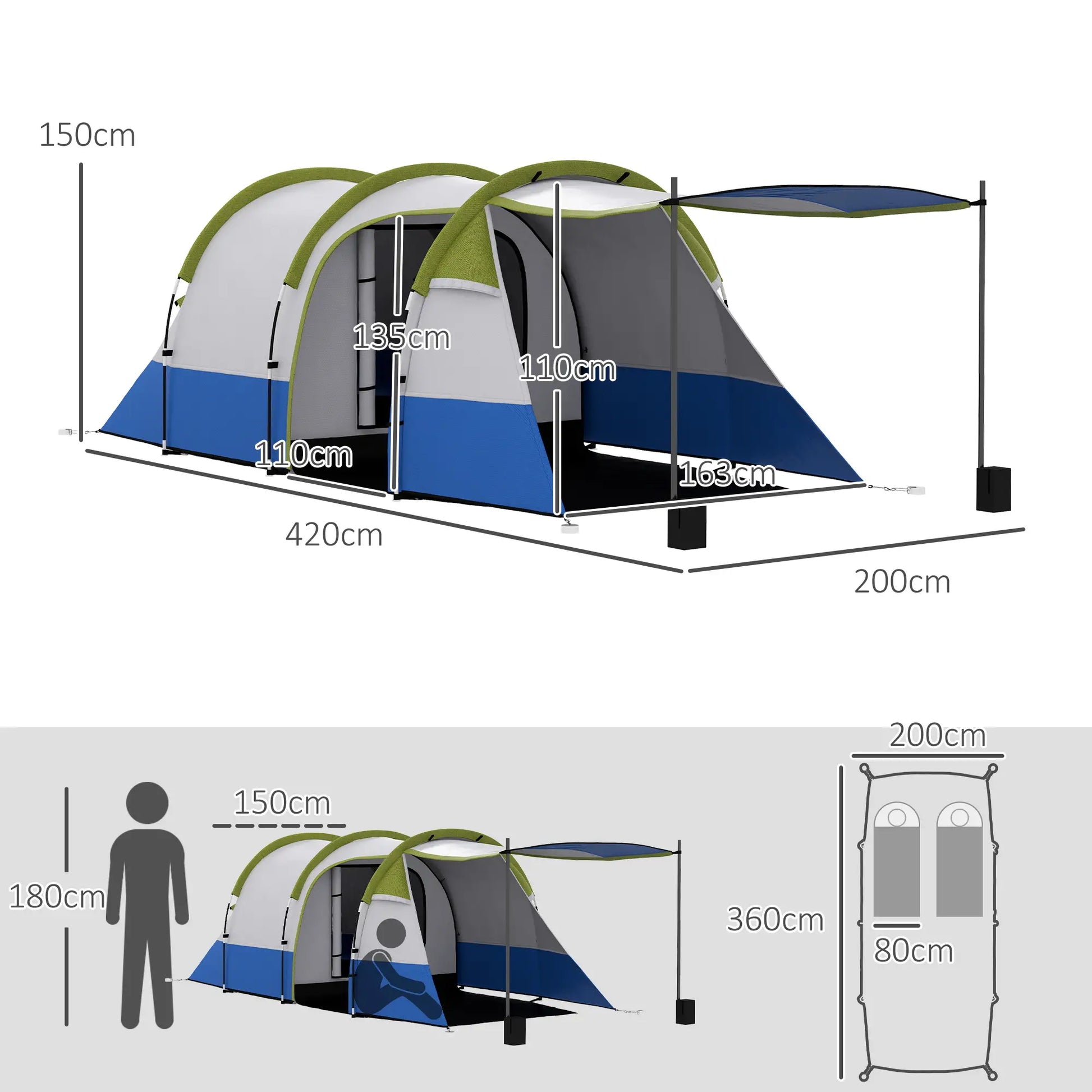 Nancy's Garniga Kampeertent - Campingtent - 2-4 Personen - Waterdicht - 420 x 200 x 150 cm