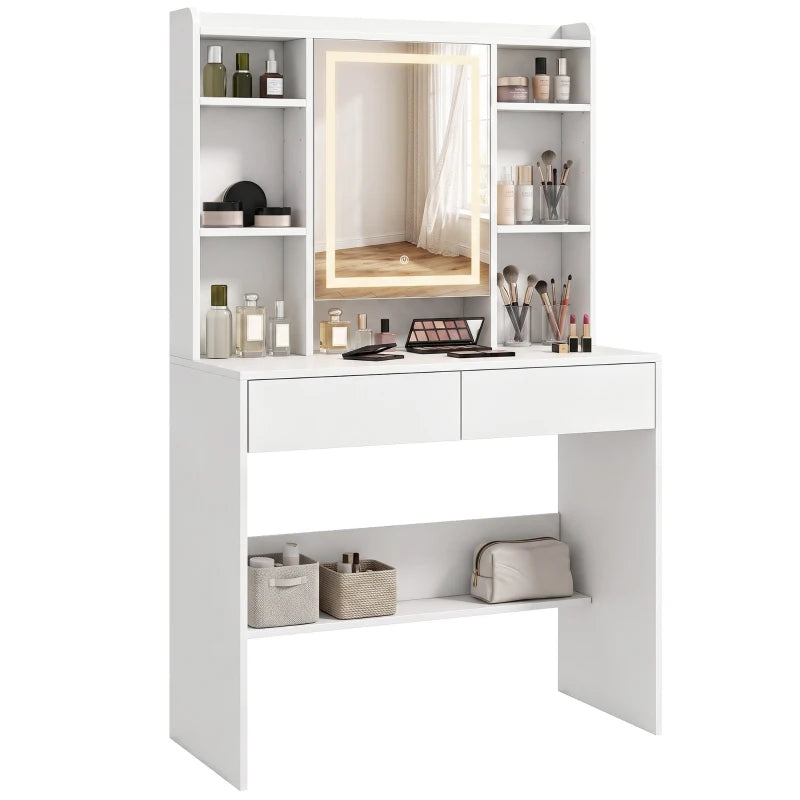 Nancy's Valleve Kaptafel - Make Up Tafel - Make-Up Tafel met Spiegel - LED-Verlichting - Wit ± 90 x 40 x 145 cm