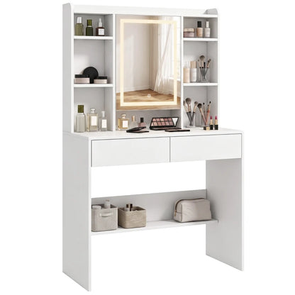 Nancy's Valleve Kaptafel - Make Up Tafel - Make-Up Tafel met Spiegel - LED-Verlichting - Wit ± 90 x 40 x 145 cm