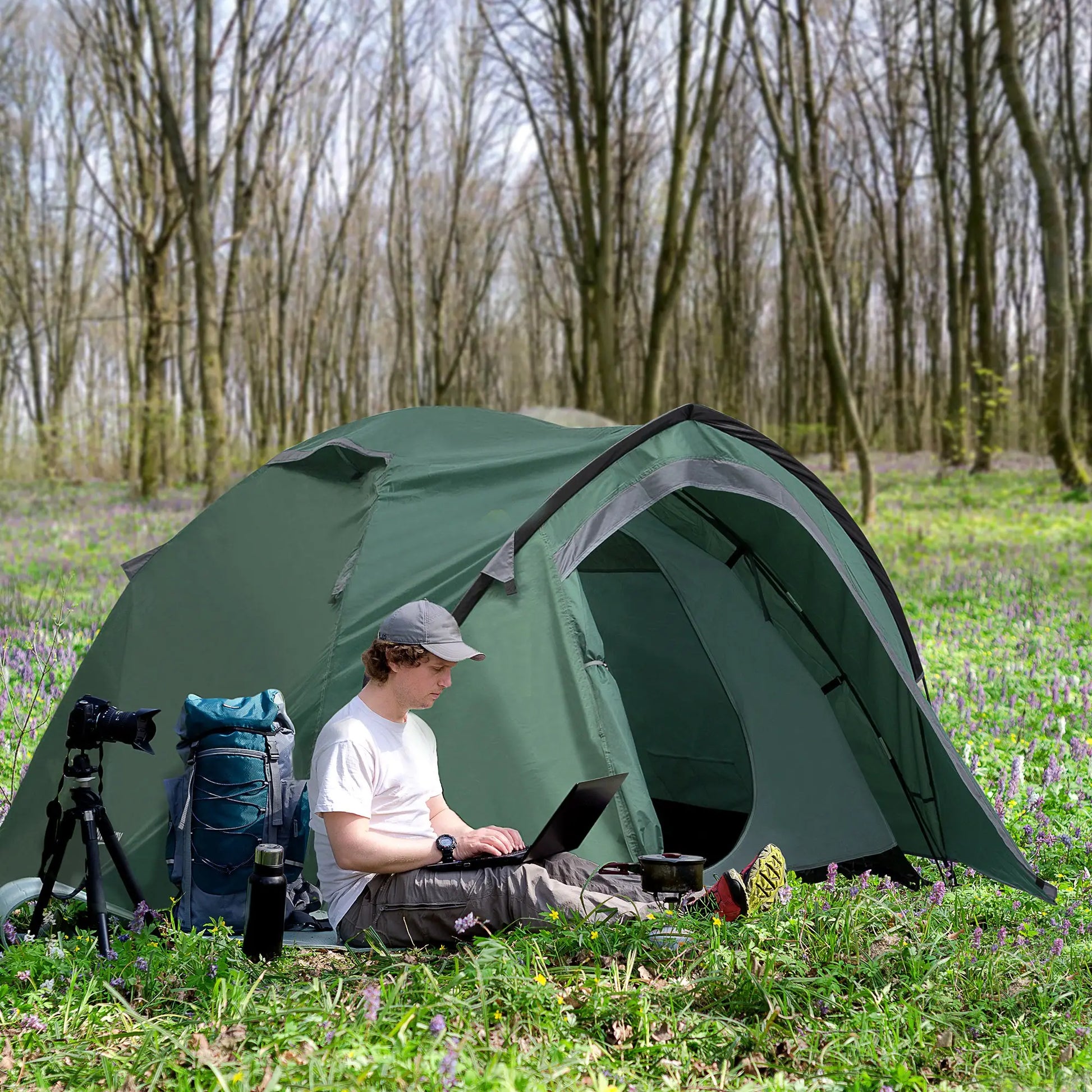 Nancy's Campodolcino Kampeertent - Camping Tent - 2-3 Personen - Tweekamerontwerp - Groen / Grijs - ± 325 x 180 x 130 cm