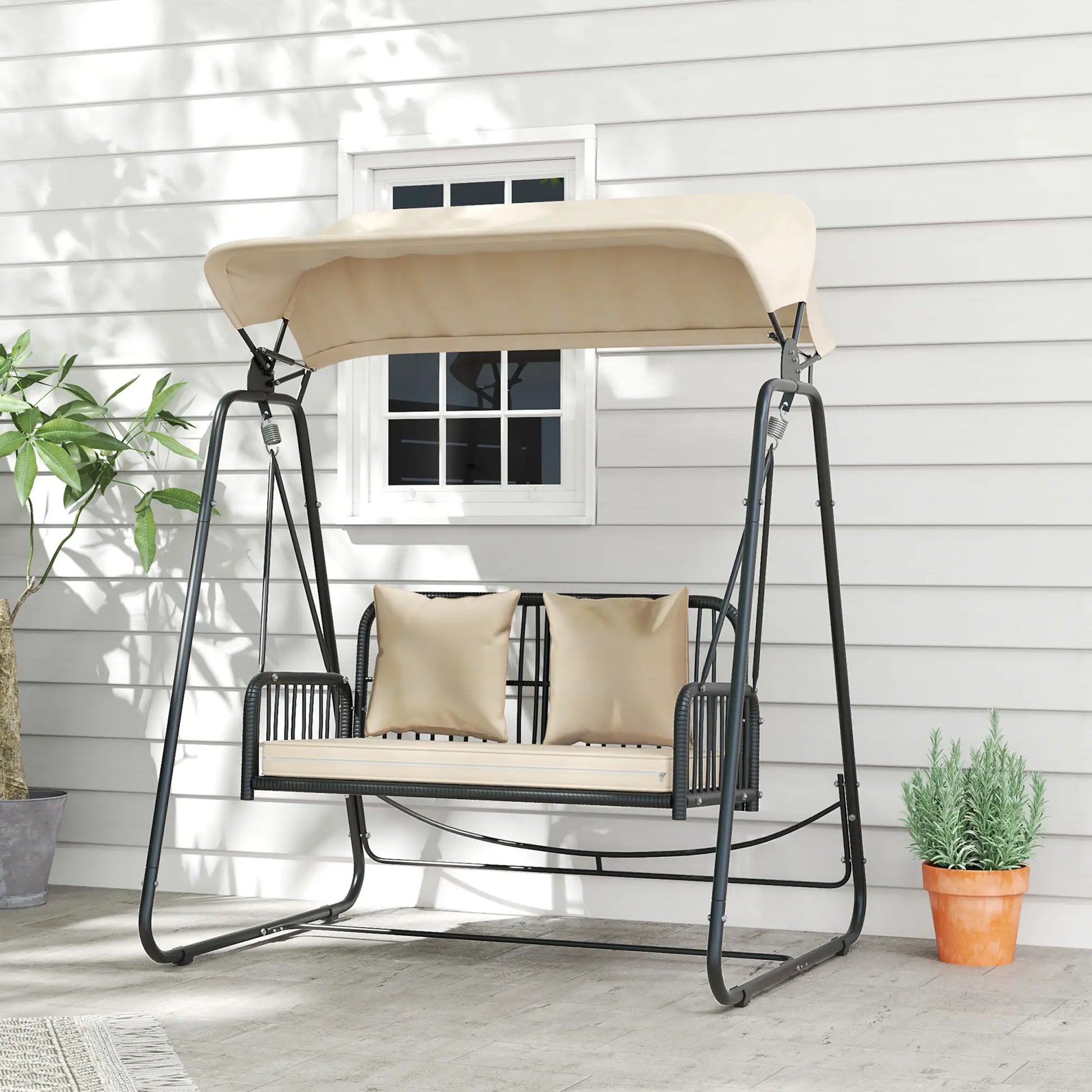 Nancy's Chiavarese Schommelbank - Tuinschommel - Hollywoodschommel - Zwart / Kaki - Rotan - ± 150 x 120 x 180 cm