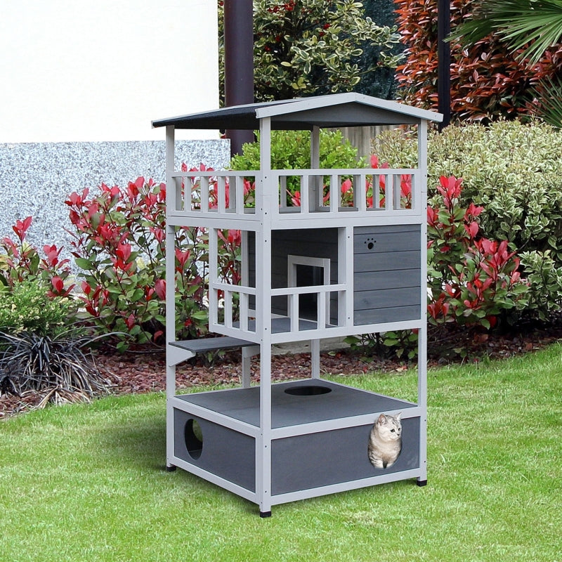 Nancy's Cancún Cat House, pine wood, outdoor cat hut with terrace, cat cave, 4 floors, cat villa with stairs, asphalt roof, winterproof, small animal shelter