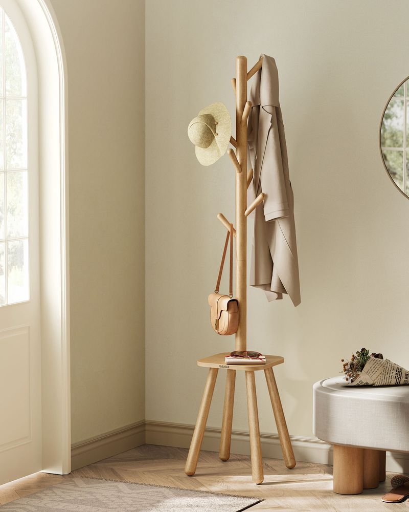 Nancy's Cerdeira Staande Kapstok - Garderoberek - Beige - Rubberhout - ± 170 cm hoog