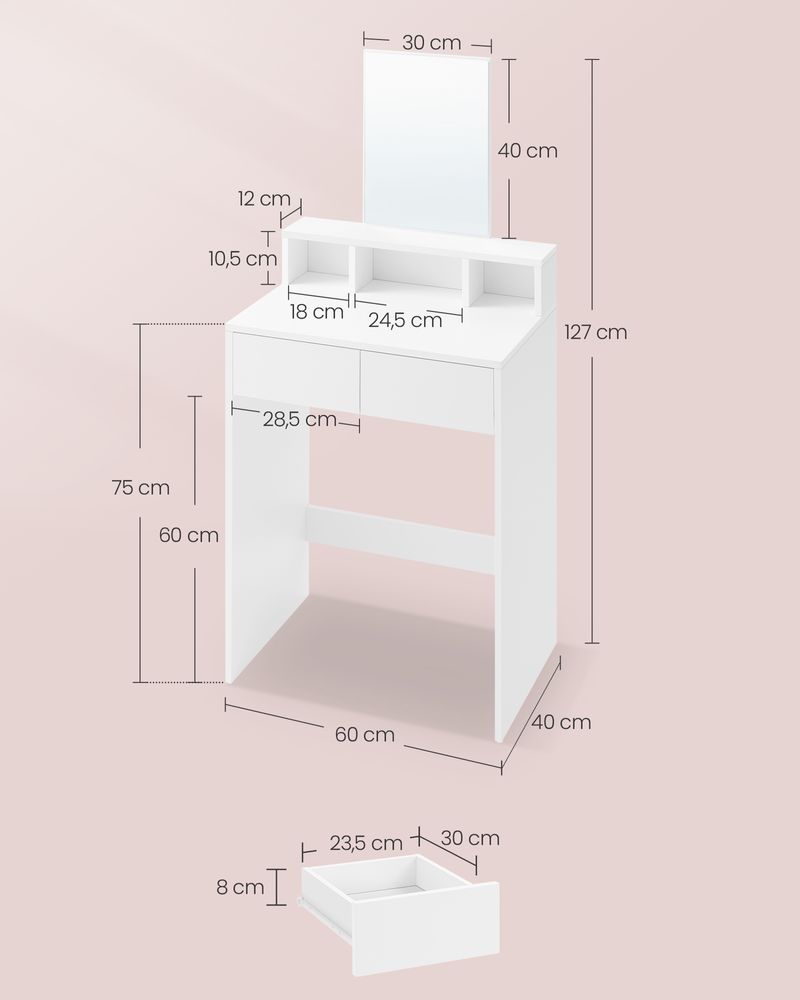Nancy's Linhares Make-up Tafel Met Spiegel - Kaptafel - Wit - ± 40 x 60 x 130 cm
