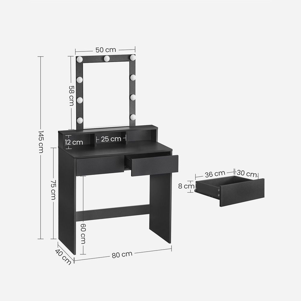 Nancy's Macal Make Up Tafel Met Spiegel en Licht - Kaptafel - Make-up Tafel - Zwart - 80 x 40 x 145 cm