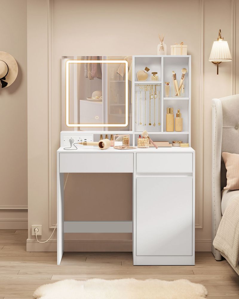 Nancy's Reguenga Kaptafel - Make Up Tafel met Spiegel & Verlichting - Cosmeticatafel - Wit - ± 90 x 40 x 140 cm