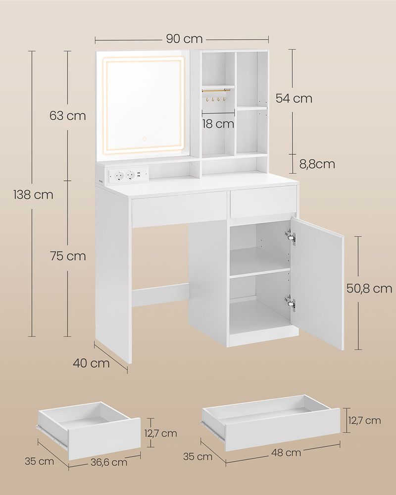 Nancy's Reguenga Kaptafel - Make Up Tafel met Spiegel & Verlichting - Cosmeticatafel - Wit - ± 90 x 40 x 140 cm
