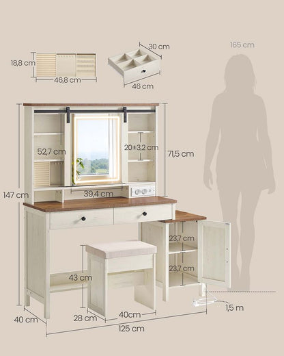 Nancy's Occhiobello Make Up Tafel met krukje - Kaptafel - Spiegel en LED Verlichting - Vintage Wit - ± 125 x 40 x 145 cm