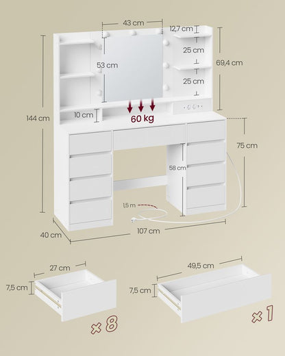 Nancy's Pantelleria Kaptafel - Make Up Tafel met Spiegel en Verlichting - Wit - ± 105 x 40 x 145 cm