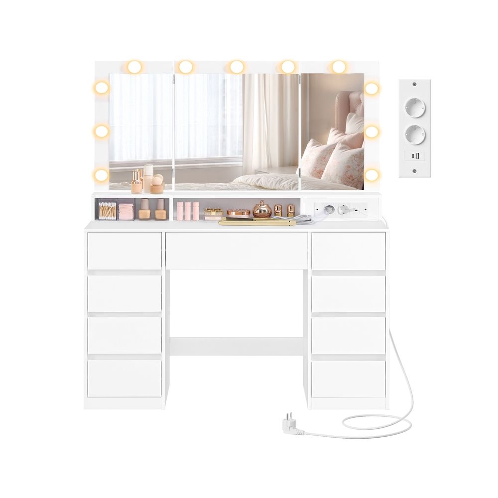 Nancy's Prali Make Up Tafel - Kaptafel - Make-Up tafel met Spiegel en LED-Verlichting - Wit - ± 105 x 40 x 145 cm