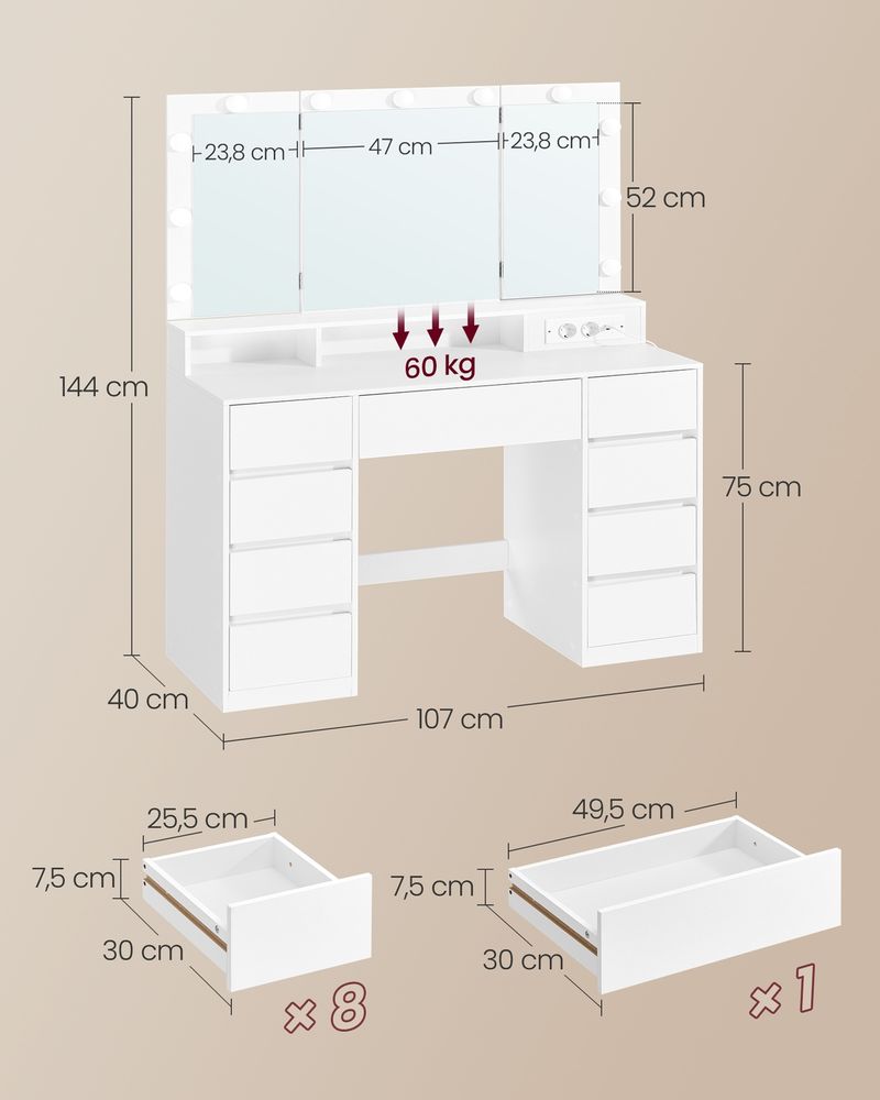 Nancy's Prali Make Up Tafel - Kaptafel - Make-Up tafel met Spiegel en LED-Verlichting - Wit - ± 105 x 40 x 145 cm