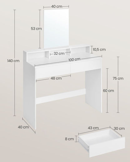 Nancy's Consett Kaptafel met spiegel - Make-up tafel - Kapspiegel - Wit - Modern - 100 x 40 x 140 cm