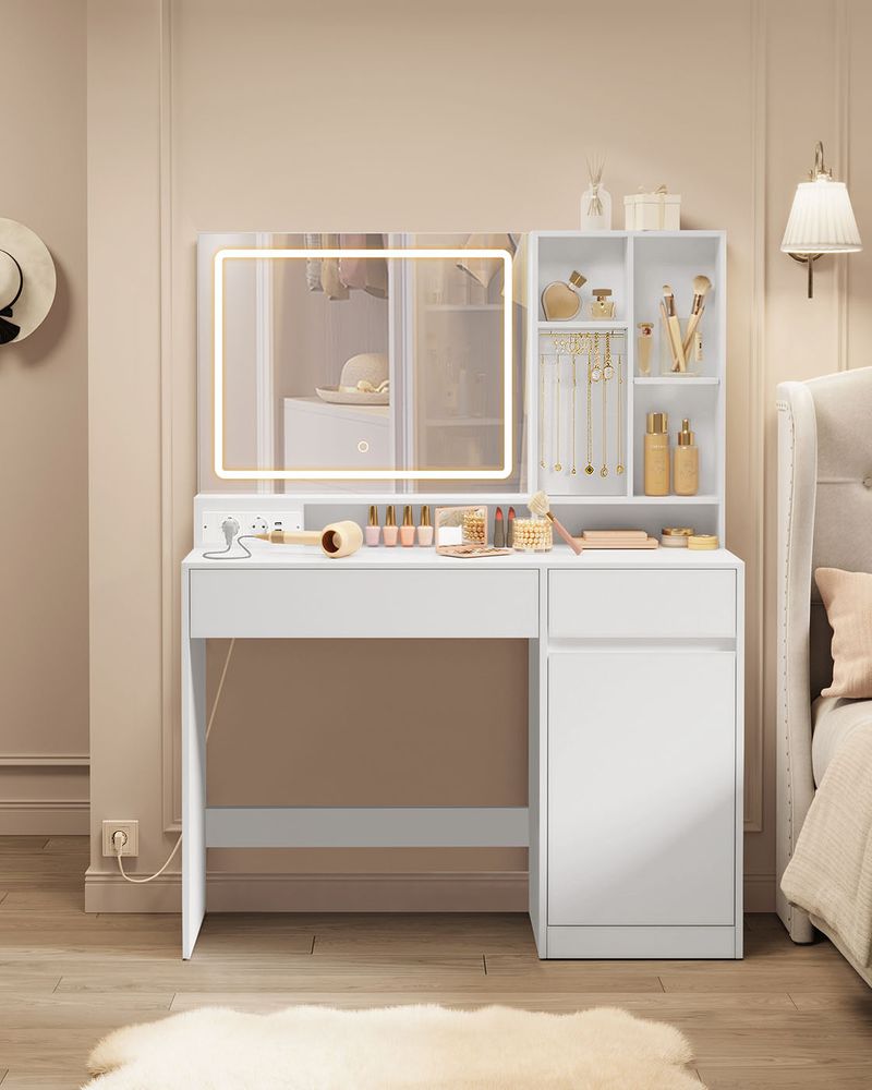 Nancy's Roriz Kaptafel - Make Up Tafel met Spiegel & Verlichting - Cosmeticatafel - Wit - ± 110 x 40 x 140 cm