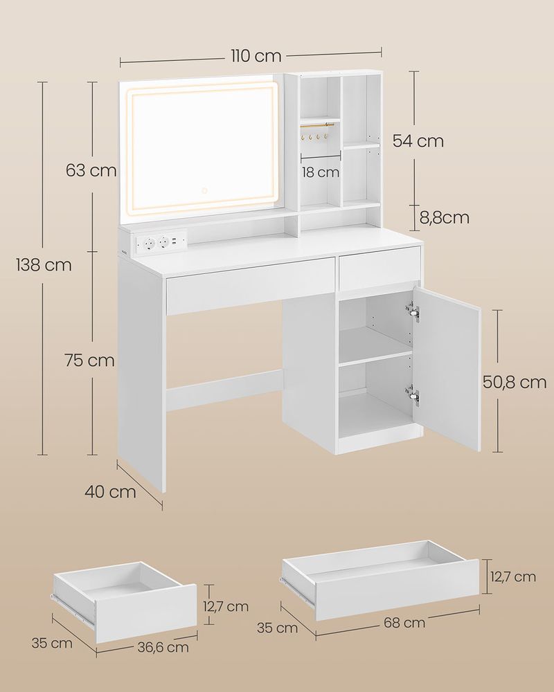 Nancy's Roriz Kaptafel - Make Up Tafel met Spiegel & Verlichting - Cosmeticatafel - Wit - ± 110 x 40 x 140 cm