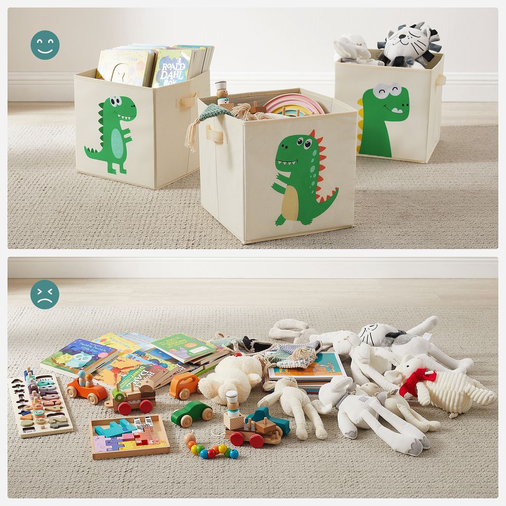 Nancy's Prescot Speelgoed Organizer - Opbergdozen - Set van 3 - Stof - Beige - Groen - 30 x 30 x 30 cm