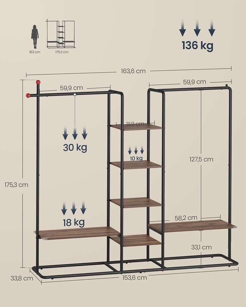 Nancy's Moretta Kledingrek - Garderoberek - Kledingstang - Walnootkleurig / Zwart - ± 165 x 35 x 175 cm
