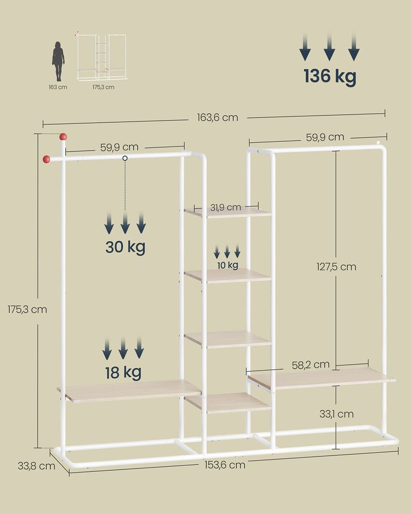 Nancy's Moretta Kledingrek - Garderoberek - Kledingstang - Naturel Beige / Wit - ± 165 x 35 x  175 cm